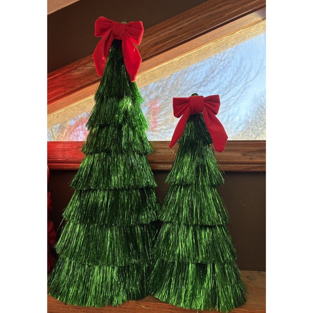 Pair Of 2 Decorative Tinsel Cone Christmas Trees Table Top 19” Tall And x 12”